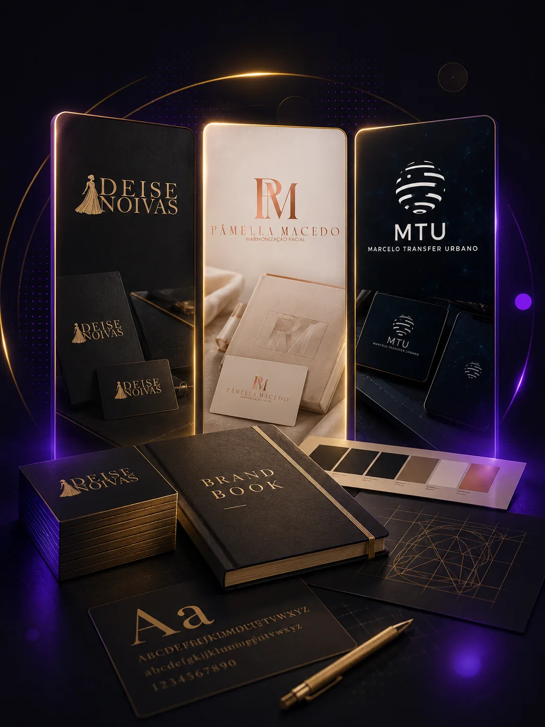 Materiais de identidade visual, logotipos, brand book, paleta de cores e tipografia