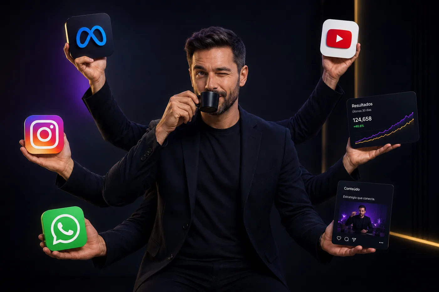 Profissional segurando ícones de plataformas digitais, mídia social e painel de resultados