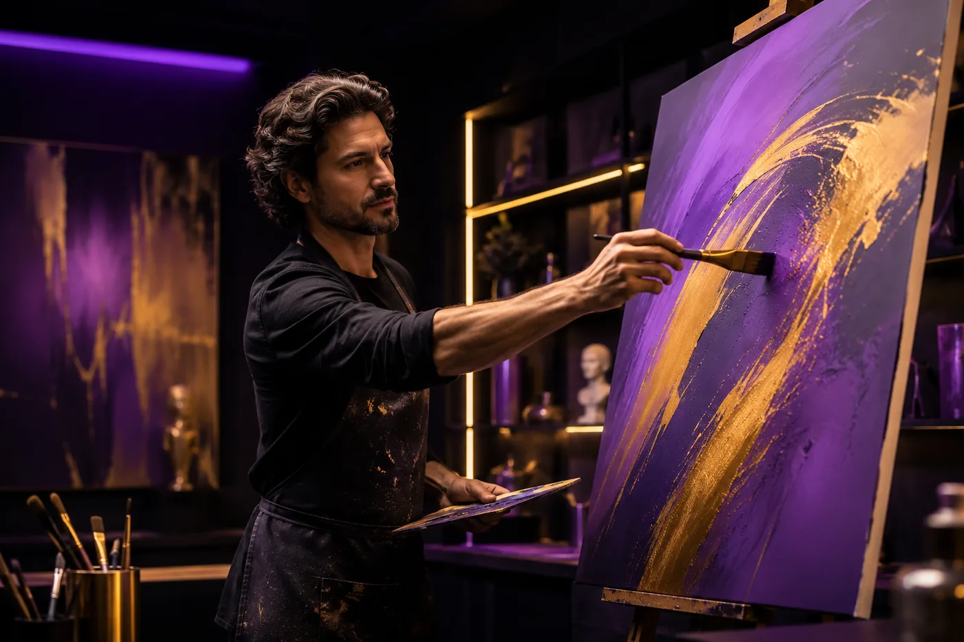 Profissional pintando uma tela roxa e dourada em estúdio criativo