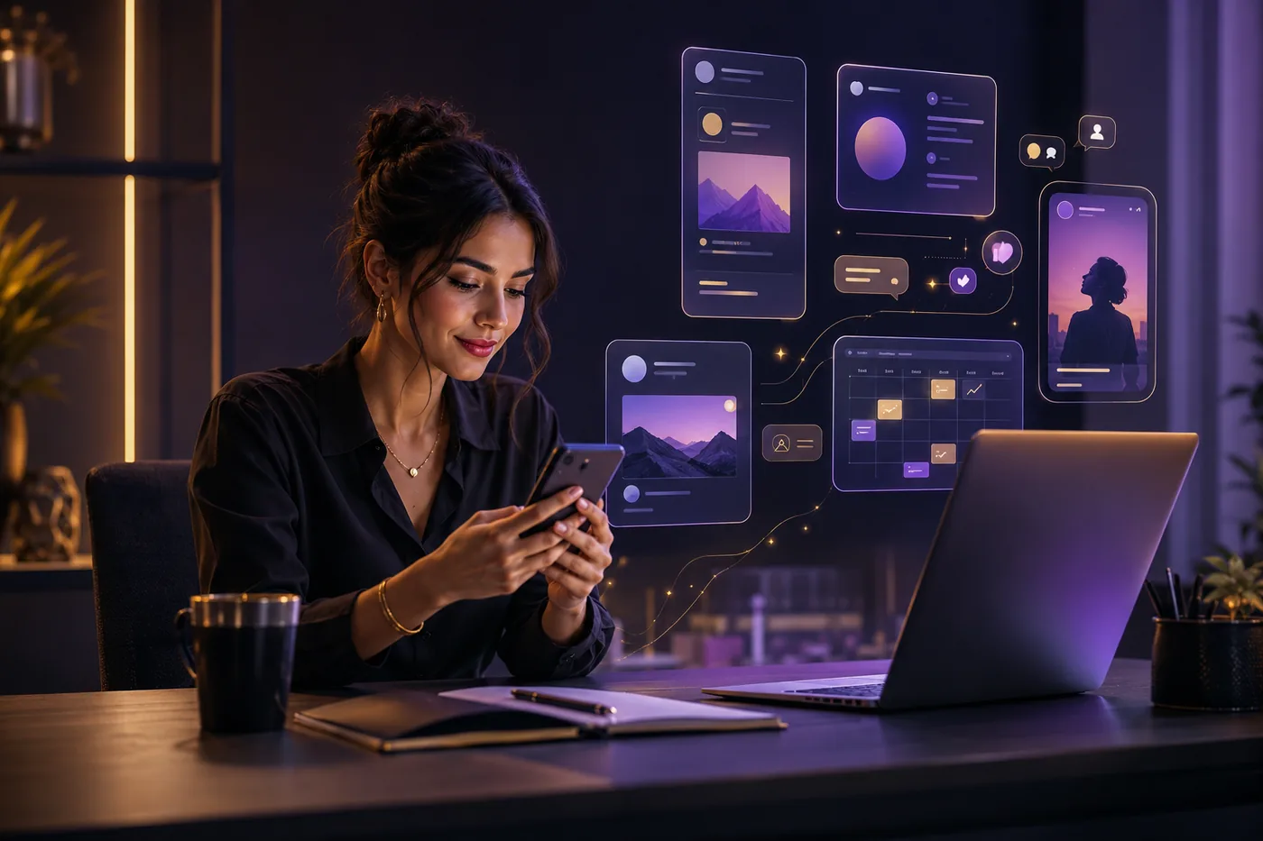 Profissional usando celular ao lado de notebook com elementos flutuantes de redes sociais