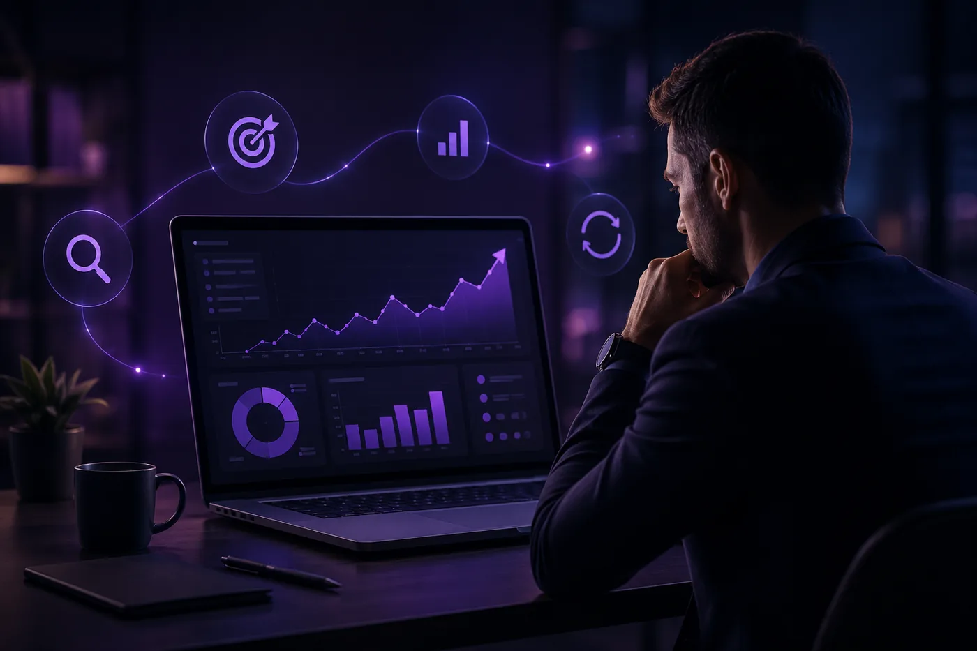 Profissional acompanhando dashboard de resultados e indicadores em notebook