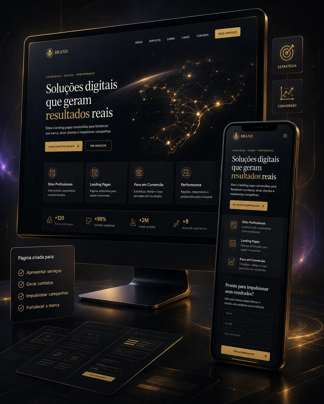 Site comercial responsivo exibido em monitor e smartphone com estética escura e dourada